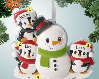 Winter Penguin Family of 3 - Building a Snowman - Personalized Christmas Ornament - Snow - Three - Friends - Pets - Free Personalization