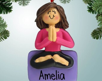Yoga Girl on Purple Mat - Brown Hair - Christmas Ornaments - Fitness - Exercise - Meditate - Free Personalization