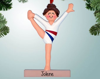 Personalized Gymnast Leg Hold on Balance Beam - Female Brown Christmas Ornament - Gymnastic Lessons - Dance - Theater - Balance Beam