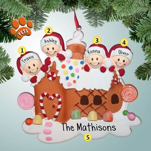 Gingerbread House Family - 4 - Christmas Ornaments - Family Ornaments - Family of 4  - Free Personalization - Optional Pets - baking