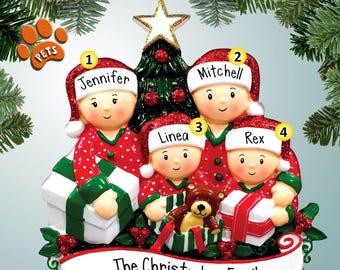 Opening Gifts Family - 4 - Personalized Ornaments - Family Ornaments - Family of 4 - Optional Pets - Christmas morning - opening presents