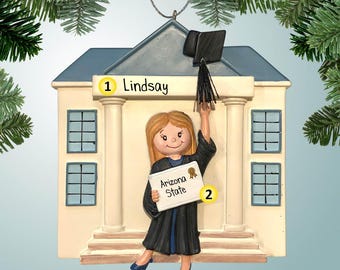Graduate in Front of School - Female Blonde Hair - Ornament - Diploma - High School - College - Graduation - Degree - Black Cap and Gown