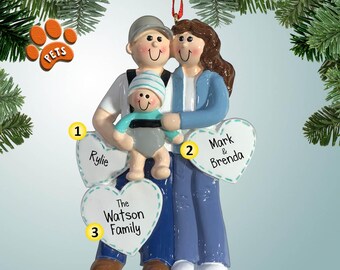 New Parents with Hearts - Female Brown Hair - Personalized Christmas Ornament - 1st Baby - Child - Toddler - First Xmas - Add Your Pets