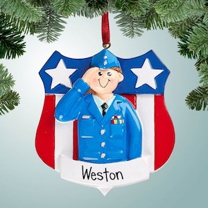 Personalized Air Force with Smiling Salute Christmas Ornament - Military - Active Duty - Serviceman - Veteran - Free Personalization
