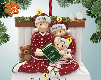 Night Before Christmas Personalized Ornament - 3 - Christmas Eve Family - Optional Pets - Reading in Bed - Twas the Night - Storytime