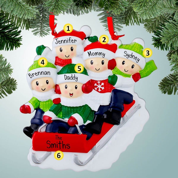 Personalized Family Riding Red Sled - 5 Christmas Ornament - Sledding Down a Hill - Fun in the Snow - Winter Joy - Toboggan - Five