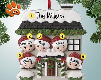 Holiday Home Family of 5 - Personalized Ornament - Decorate for the Holidays - Festive House - Garland - Wreath - Snow - Lights - Five