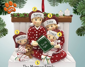 Night Before Christmas Personalized Ornament - 4 - Christmas Eve Family - Optional Pets - Reading in Bed - Twas the Night - Storytime