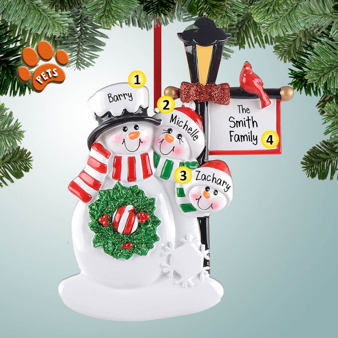 Personalized Snowman Family With Lamp Post Sign - 3 Christmas Ornament ...