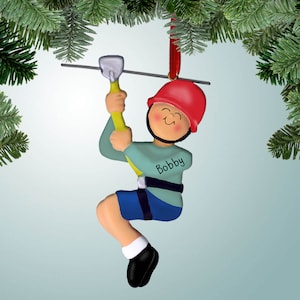 Zipline with Yellow Rope - Male - Personalized Christmas Ornament - Zip Line