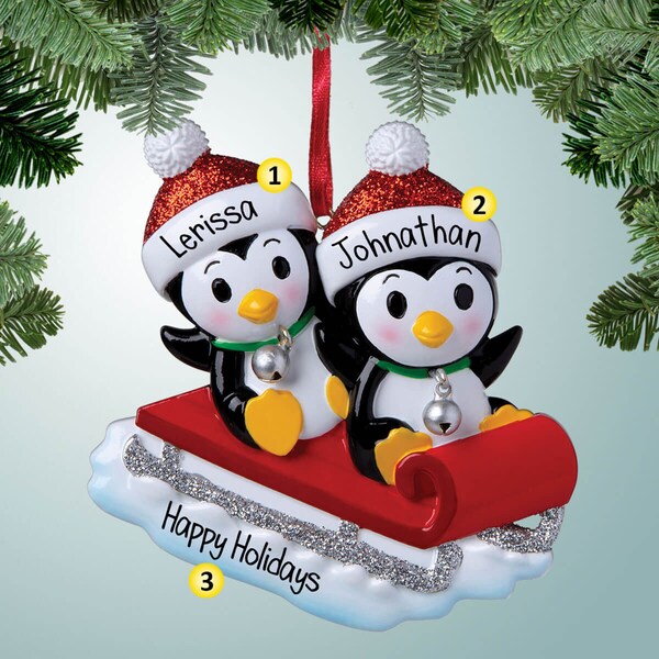 Penguin Sledding Couple - Personalized Christmas Ornament - Cold Winter - North Pole - Toboggan - 1st Christmas - Perfect Handwriting