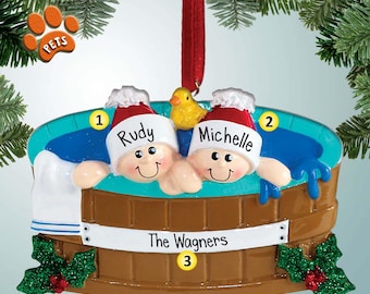 Hot Tub with Holly Couple - Christmas Ornaments - Family Ornaments - Family of 2 Hot tubbing - vacation - spa - hot tubbers - therapy