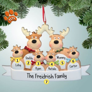 Reindeer Family with Colorful Scarves - 6 - Personalized Ornaments - Family Ornaments - Family of 6 - with Pets