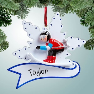 Personalized Downhill Skier with Flake Banner Christmas Ornament - Skiing - People that Love to Ski - Mountains - Snow - Slalom