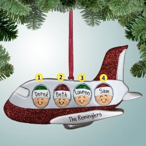 Family on Airplane - 4 - Christmas Ornaments - Travel vacation - travel - plane trip - first airplane ride - Free Personalization