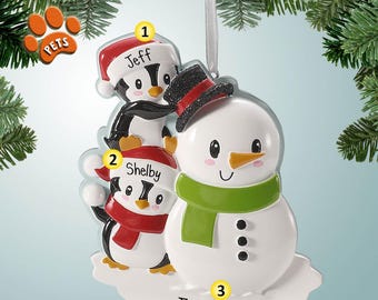 Winter Penguin Couple - Building a Snowman - Personalized Christmas Ornament - Snow - Family of 2 - Two - Friends - Free Personalization
