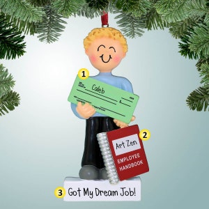 Met cheque nieuwe baan - blond mannelijk haar - gepersonaliseerde kerstornament - personeelspromotie - perfect handschrift - eerste aanstelling