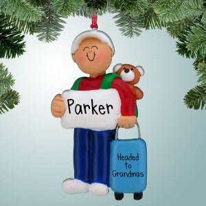 Boy with Suitcase Personalized Christmas Ornament - Trip to Grandmas House - Sleepover - Family Vacation - Free Shipping Eligible