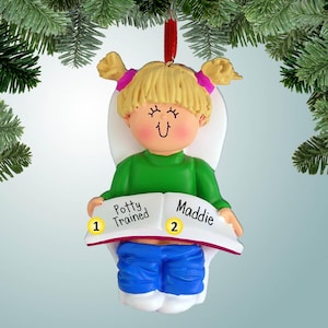 Potty Training Girl - Blonde Hair - Personalized Ornaments - 1st Christmas  - Learning to use the toilet - no more diapers - potty-trained