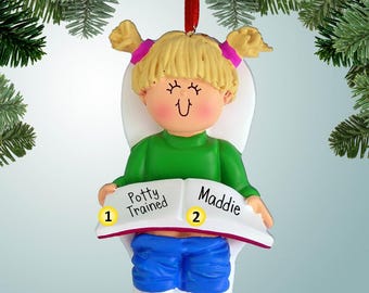 Potty Training Girl - Blonde Hair - Personalized Ornaments - 1st Christmas  - Learning to use the toilet - no more diapers - potty-trained