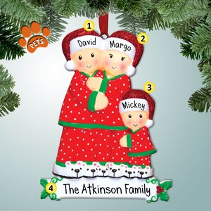 Christmas Family in Red Pajamas - 3 - Christmas Ornaments - Family Ornaments - Family of 3  - Free Personalization - Optional Pets