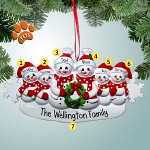 Snowman Family Wreath with Optional Pets - 6 - Personalized Ornaments - Family Ornaments - Family of Six with Pets