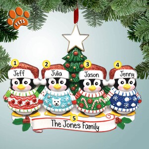 Ugly Sweater Penguin Family - 4 - Personalized Christmas Ornament - Family of 4 - Optional Pets - Christmas party - free shipping eligible