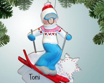 Personalized Snowflake Skier - Female - Downhill Skiing - Christmas Ornament - Free Personalization