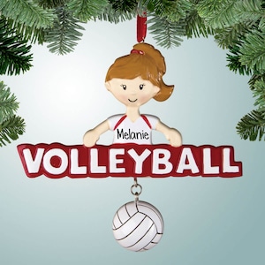 Volleyball Girl with Hanging Ball - Red - Personalized Christmas Ornament - Volleyball