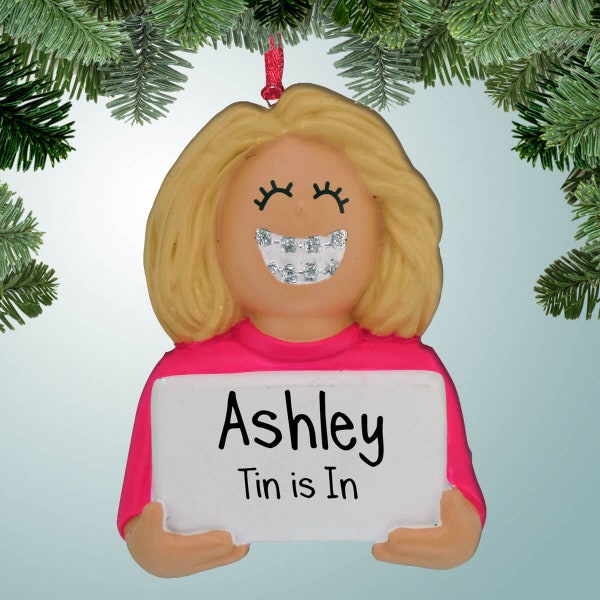 Girl with Braces - Blonde Hair - Christmas Ornament - Dentist - Brace Face - Orthodontist - Tin is In - Perfect Smile - Free Personalization