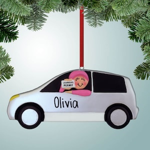 May include: A silver car Christmas ornament with a pink-haired person inside holding a sign that says "Learner's Permit". The car has the name "Olivia" written on the side.