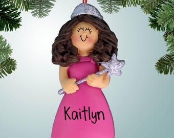 Pink Dress Princess with Silver Wand - Brown Hair - Personalized Christmas Ornament - Free Personalization