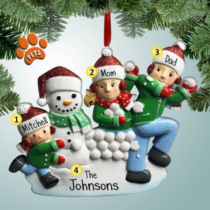 Snowfight Family with Snowman - 3 - Personalized Ornaments - Family Ornaments - Family of 3 - Snowball Fight - Free Shipping Eligible