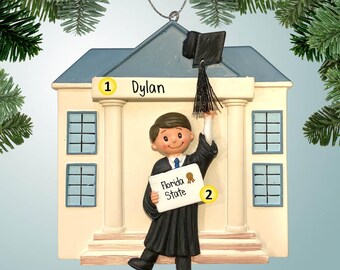 Graduate in Front of School - Male Brown Hair - Ornament - Diploma - High School - College - Graduation - Degree - Black Cap and Gown