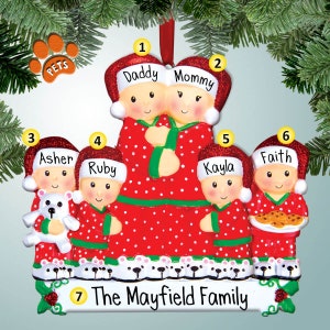 Christmas Family in Red Pajamas - 6 - Christmas Ornaments - Family Ornaments - Family of 6  - Free Personalization - with Pets