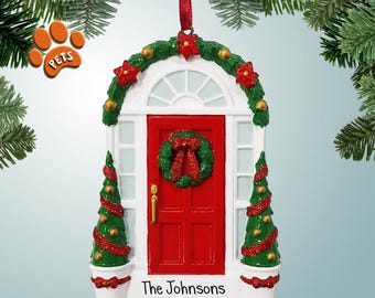 Red Door with Wreath and Decorated Trees - Personalized Christmas Ornament - New Home - Just Moved - 1st House - Holiday Decorations - Pets