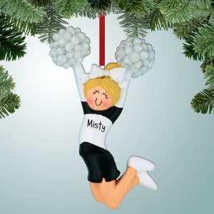 Personalized Jumping Cheerleader Black - Blonde Hair Christmas Ornament - Cheer Squad - Drill Team - Dancers - High School