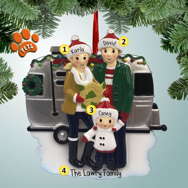 Personalized Camping Family in Trailer - Christmas Ornament 3 - Silver - Camper - RV - Tent - Campground - Campfire - Road Trip - Airstream