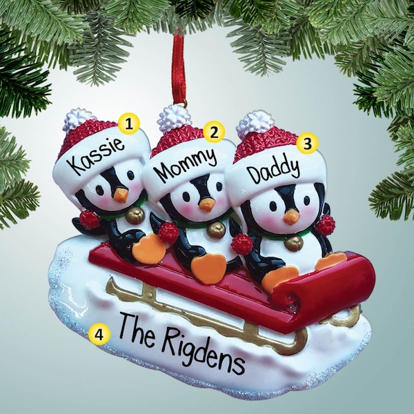 Penguin Sledding Family - 3 - Personalized Christmas Ornament - Cold Winter - North Pole - Toboggan - Mountains - Perfect Handwriting