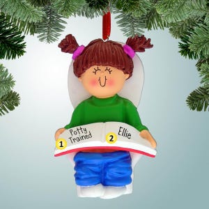 Töpfchen Training Mädchen - Braune Haare - Personalisierte Ornamente - 1.Weihnachten - Lernen, die Toilette zu benutzen - Ohne Windeln Bild 1