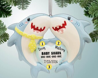 Expecting Baby Shark Couple - Personalized Christmas Ornament - First Baby - Child - Bun in the Oven - New Parents - Free Personalization