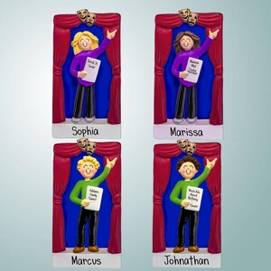 May include: Four personalised Christmas baubles featuring a cartoon character holding a script in front of a red curtain stage. The baubles are labelled with the names Sophia, Marissa, Marcus, and Johnathan.