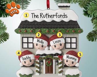 Holiday Home Family of 4 - Personalized Christmas Ornament - Decorate for the Holidays - Festive House - Garland - Wreath - Snow - Four