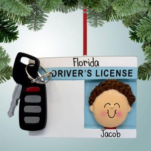 キーフォブ付き免許証 - 男性 ブラウン - クリスマスオーナメント - 新規ドライバー - 初めての車 - 1台目 - トラック - 許可証 - 無料パーソナライゼーション