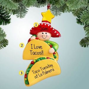 Amante de los tacos - Adorno navideño personalizado - Comida mexicana - Burrito - Enchilada - Escritura perfecta