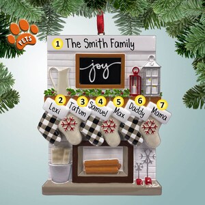 Personalized Fireplace Ornament - 6 - Christmas Joy Family - Country Home - Optional Pets - Stockings by the Fire - Free Personalization