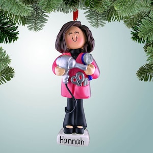 Hairdresser with Silver Dryer - Brown Hair - Christmas Ornaments - Hair Stylist hair dresser - Beauty Salon - Perfect Handwriting - Spa