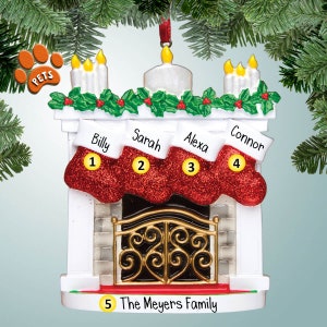 Fireplace with Red Socks and Candles - 4 - Hanging Stockings by the Fire - Optional Pets - Personalized Christmas Ornaments