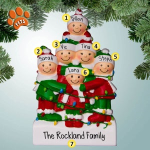 Tangled Lights Family - 6 - Personalized Ornaments - Family Ornaments - Family of 6 - Optional Pets - decorating for Christmas