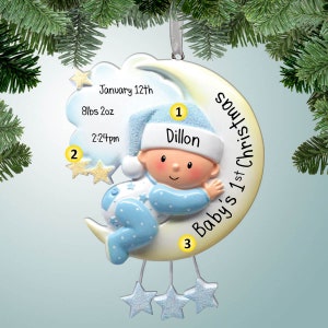 Baby Boy Hugging Moon - Personalized Christmas Ornaments - 1st Christmas baby boy - new baby
